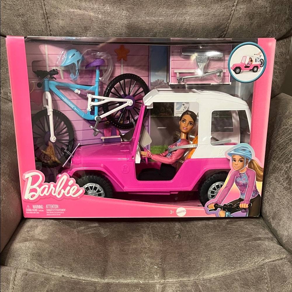 NIB Barbie Outdoor Adventure Set Jeep with Bicycle